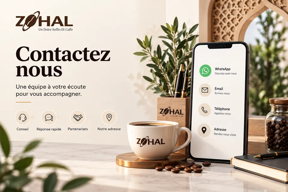 Illustration Zohal avec une tasse de café et les moyens de nous contacter