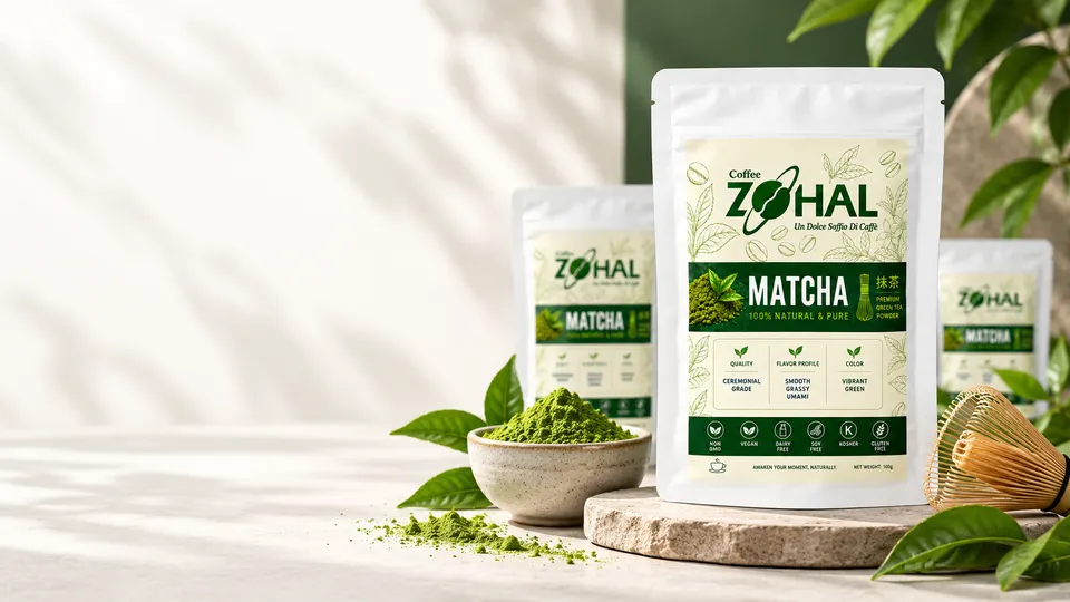 Sachets de matcha Zohal, bol de matcha en poudre et fouet en bambou
